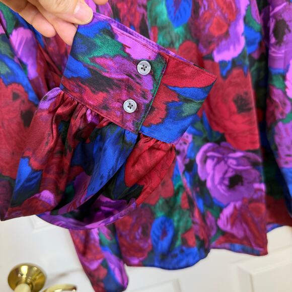 Talbots Twist Neck Satin Charmeuse Top Wrapped Jewel Tone Floral Large Petite - Picture 7 of 9